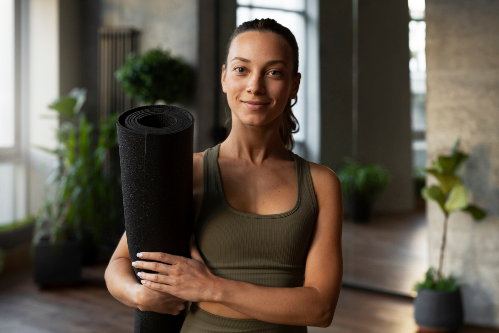 Woman holding a yoga mat in a studio