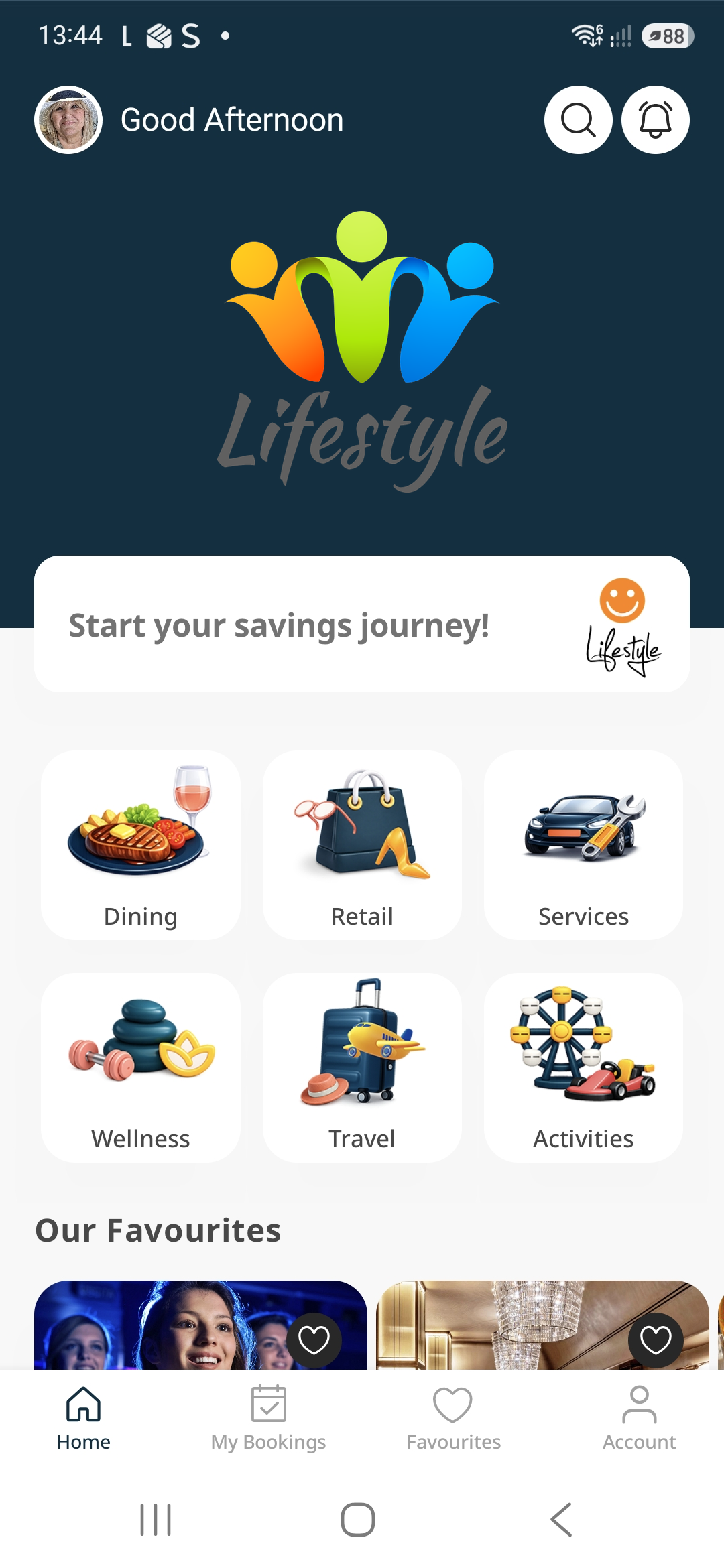 The Perks Direct Lifestyle app home screen showing offer categories and favourites